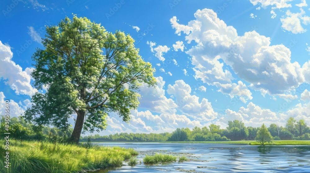Sunny day summer landscape with a green tree by the river Sunny day summer landscape with a green tree by the river