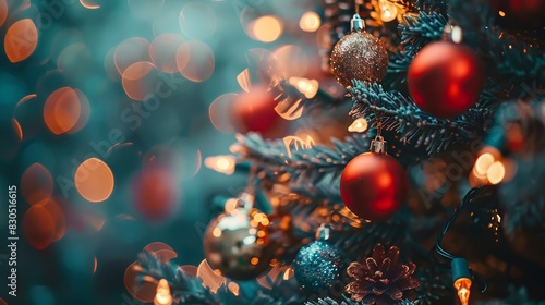  A tight shot of a Christmas tree adorned with red and golden baubles Background includes a softly blurred Christmas tree, framed by glowing foreground Christmas lights