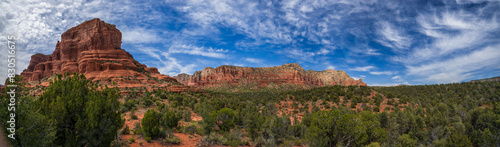 Desert mesa landscape with Courthouse Butte and dramatic sky