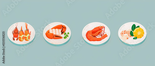 Four plates of food with different types of seafood on them, clean background, copy space photo