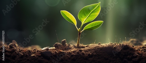 A small green plant sprouts from the ground, bathed in soft sunlight. © narak0rn