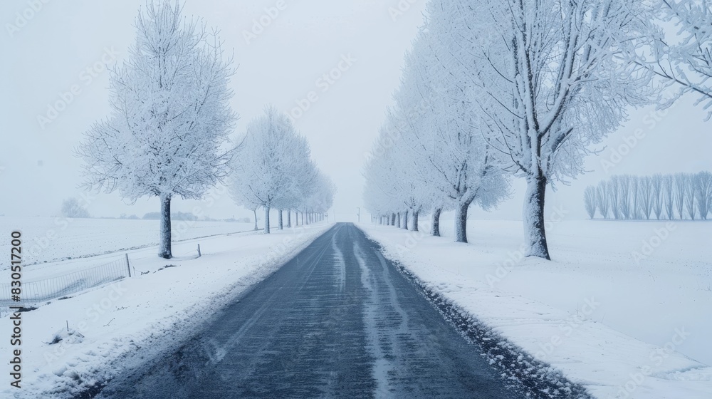 Fototapeta premium A snowy road lined with frost-covered trees, disappearing into the distance.