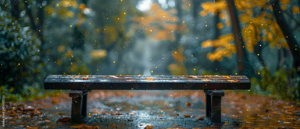 Close up bench in autumnal forest with leaves falling on it Close up bench in autumnal forest with leaves falling on it