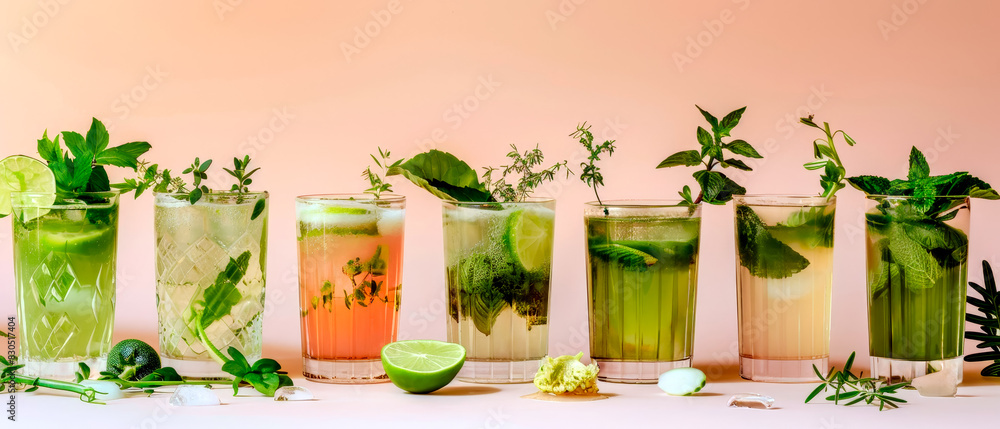 Row of energy and healthy drinks, variety of flavors and garnishes, creative cocktails Row of energy and healthy drinks, variety of flavors and garnishes, creative cocktails