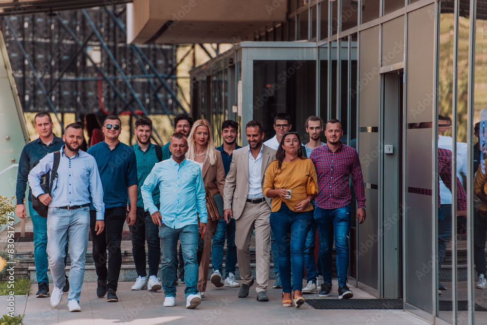 Obraz premium A diverse group of businessmen and colleagues walking together by their workplace, showcasing collaboration and teamwork in the company.