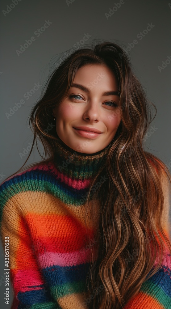 A portrait of an attractive woman smiling, wearing a colorful rainbow striped sweater with a turtleneck and long hair A portrait of an attractive woman smiling, wearing a colorful rainbow striped sweater with a turtleneck and long hair