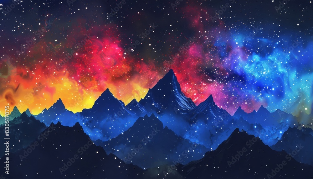 Fototapeta premium A vibrant, colorful galaxy swirls above a silhouette of majestic mountains. The starry sky bursts with red, blue, and yellow hues.