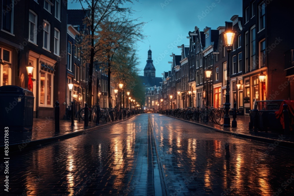 Fototapeta premium A rainy day architecture illuminated cityscape.