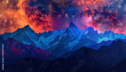 A vibrant, abstract depiction of a mountain range with a glowing, colorful sky above. photo
