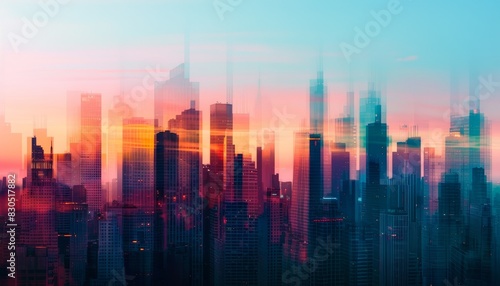 A vibrant cityscape silhouette against a colorful sunrise sky.  Perfect for concepts of progress, urban life, and a new beginning. photo