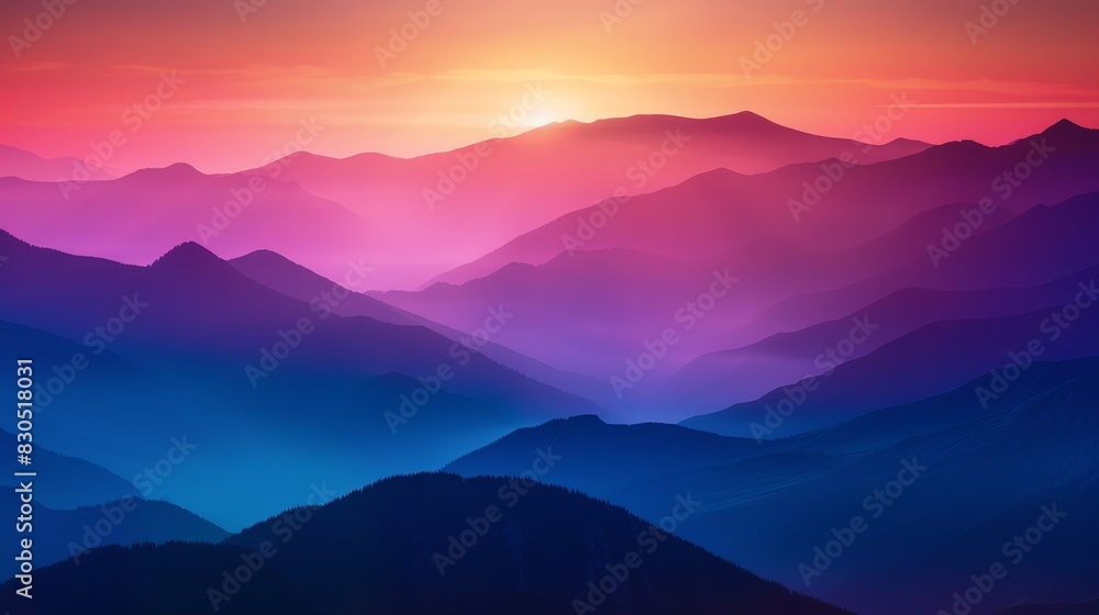 Fototapeta premium A vibrant sunrise paints the sky above a majestic mountain range, casting a colorful glow on the peaks.