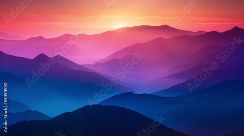 A vibrant sunrise paints the sky above a majestic mountain range, casting a colorful glow on the peaks.