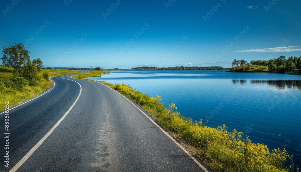 A winding asphalt road stretches along the edge of a tranquil lake under a clear blue sky.
