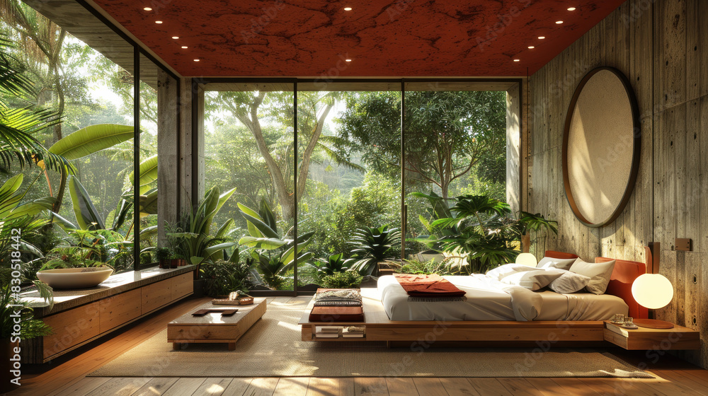 Fototapeta premium Natural red shade bedroom of a house villa resort by lush jungle