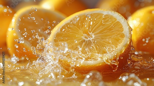   Close-up of sliced lemon with water splashing   lots of lemons in bkgnd