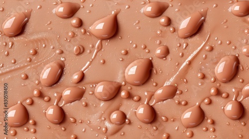  A tight shot of numerous water droplets on a chocolate cake's surface, adorned with chocolate icing The icing is also decorated with these droplets atop its