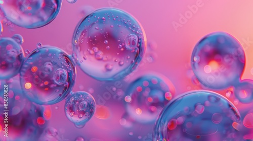 A tight shot of multiple bubbles against a pink and blue backdrop  adorned with numerous water droplets at their bases and below