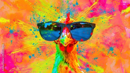  A vivid depiction of a chicken wearing sunglasses and set against a backdrop of splattered paint