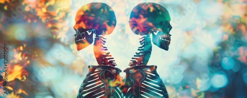 Abstract colorful skeletons facing each other.