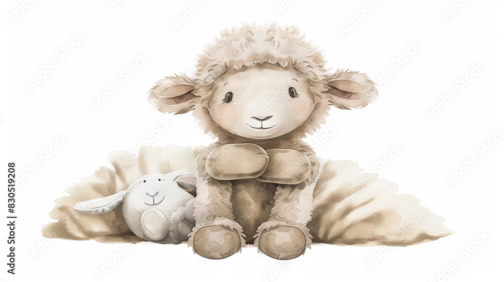 A watercolor depiction of a sheep and lamb resting atop a blanket with a stuffed toy in the foreground A watercolor depiction of a sheep and lamb resting atop a blanket with a stuffed toy in the foreground