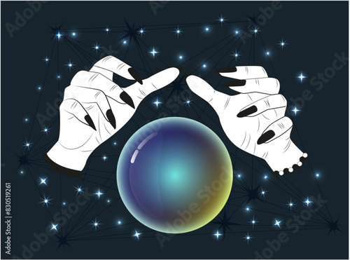 Hand drawn illustration with colorful magic crystal ball in hands of fortune teller. Tattoo, poster or altar design print concept, esoteric, wicca and gothic background