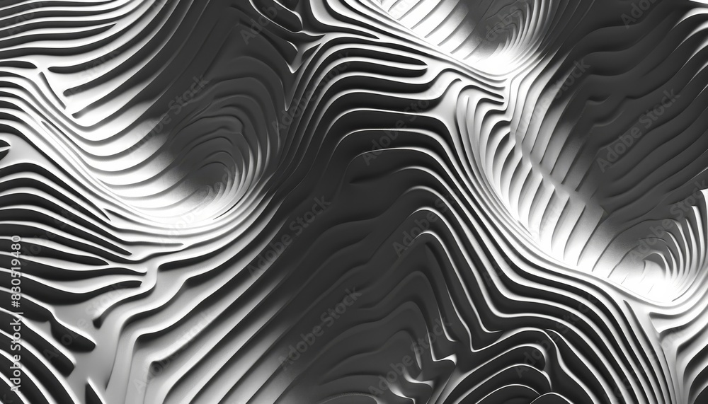 Abstract grayscale pattern of curved lines creating a 3D effect.  The lines create a wave-like texture, resembling mountains and valleys.
