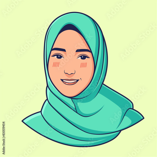 Cartoon of a beautiful Muslim teenage girl wearing a teal hijab and blushing cheeks, cartoon avatar, for books, t-shirts and profile picture on social media