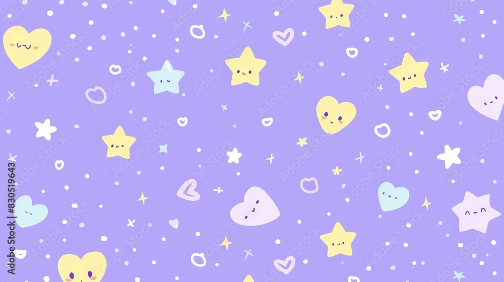   A pattern of hearts, stars, and stars on a purple background featuring hearts, stars, and stars