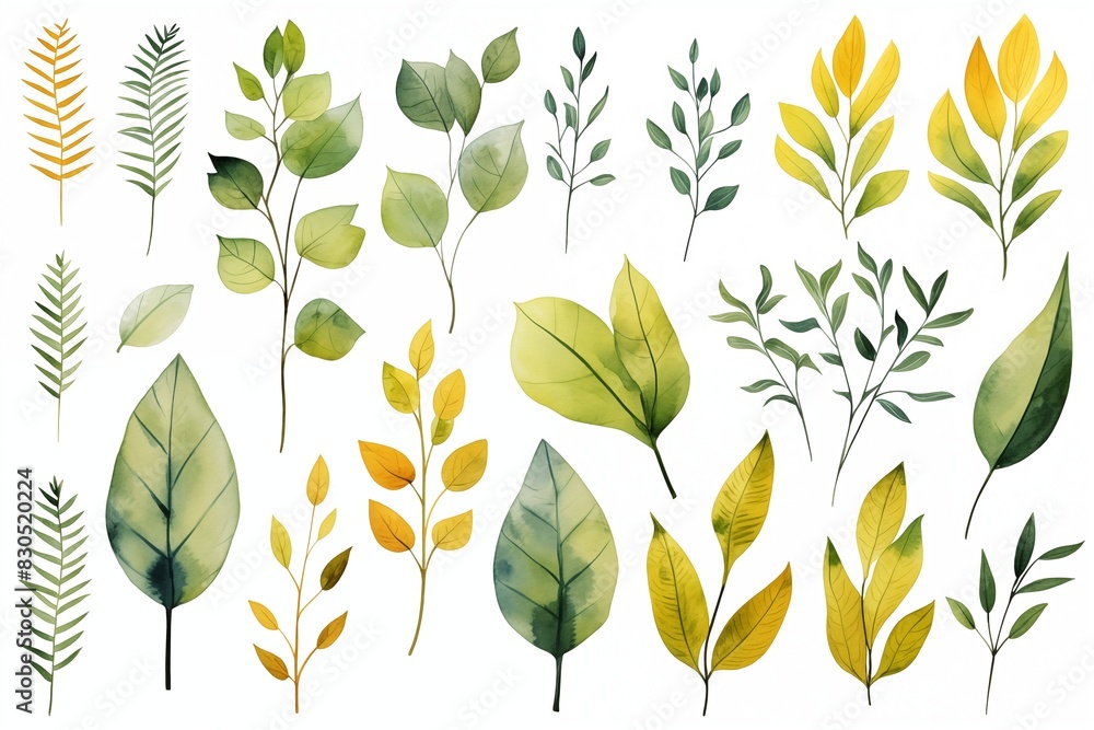 Obraz premium Vibrant watercolor illustration of leaves and plants, symbolizing eco-friendliness, set on a clean white background 