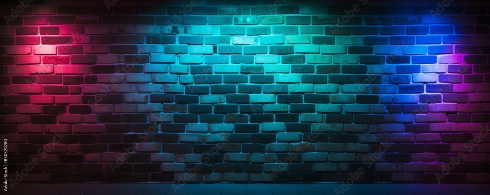 Brick wall illuminated with neon lights in blue, purple and pink. Brick wall illuminated with neon lights in blue, purple and pink.