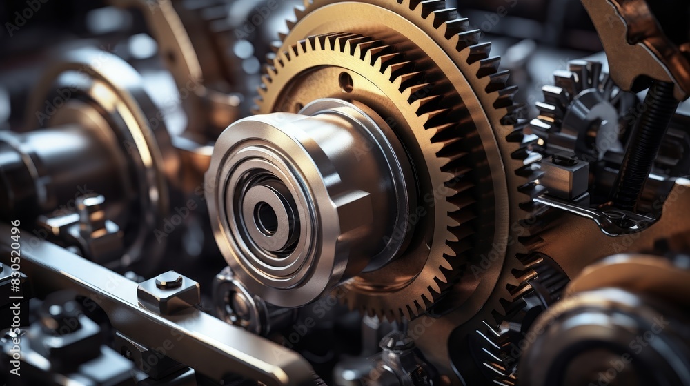 Fototapeta premium Closeup of intricate gears and bearings in a machine, highlighting precision engineering and complex mechanics.