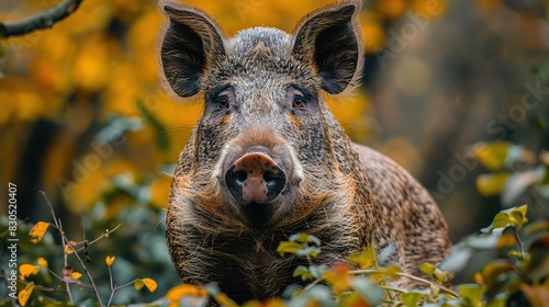  Wild boar in yellow-flowered field with yellow-leafed tree behind