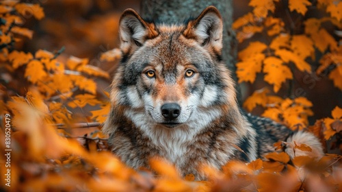   A wolf perched amidst golden-leafed trees  gazing into the lens