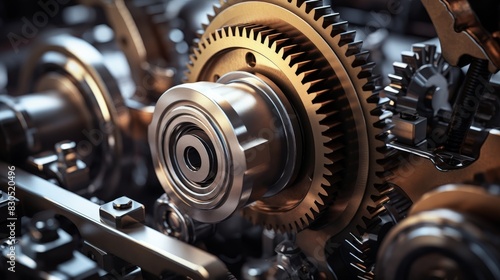 Closeup of intricate gears and bearings in a machine, highlighting precision engineering and complex mechanics. photo
