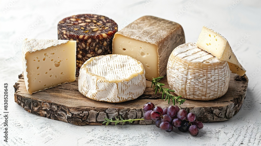 A wooden platter holds a variety of cheeses, grapes, and a solitary piece of cheese A wooden platter holds a variety of cheeses, grapes, and a solitary piece of cheese