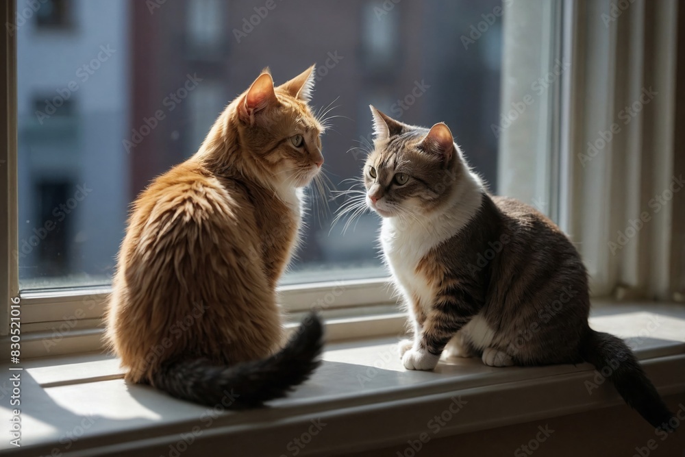 Two cats sit on a windowsill, side by side, and watching birds or a bustling street outside