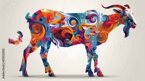  A vibrant bovine stands amidst a monochromatic canvas, adorned with an abstract whirlwind design on its torso