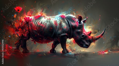  A Rhino in Red and Blue Splatters