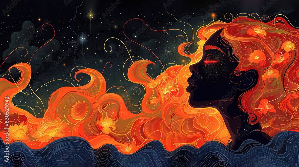 A woman's face painted with orange and yellow swirls on her hair and a star in the background A woman's face painted with orange and yellow swirls on her hair and a star in the background