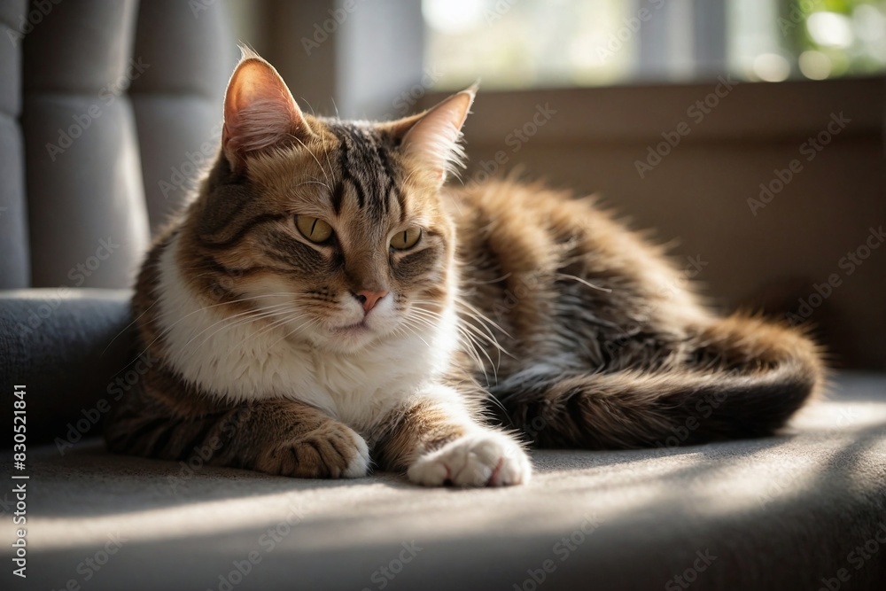The cat rest in a cozy spot, such as a sunlit patch on the floor or a cushioned chair