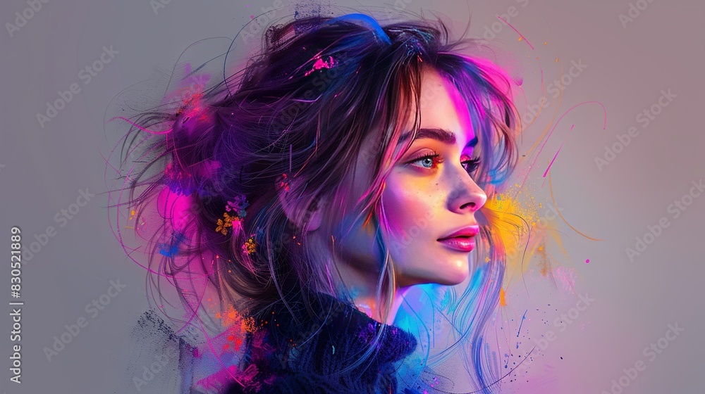   A vivid digital painting featuring a female face adorned with diverse splashes of colored paint throughout her hair