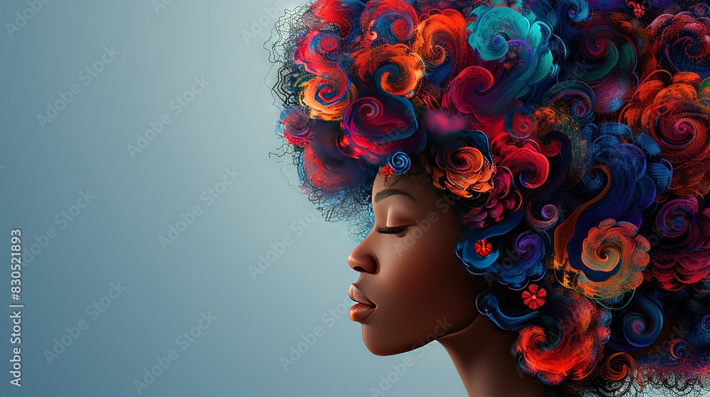   A close-up image of a woman with a colorful afro hairstyle on a blue background
