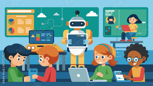 Inside a classroom students were busy coding and programming their robots for the Robotics event in Science Olympiad.. Vector illustration