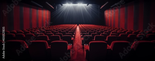 Empty movie theater with red seats and a large screen.
