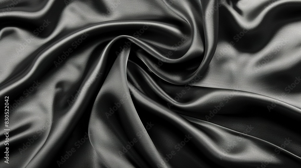 A high-resolution image of black satin fabric featuring a long and wavy pleated design on the lower portion A high-resolution image of black satin fabric featuring a long and wavy pleated design on the lower portion