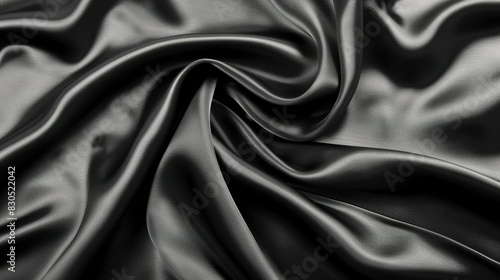  A high-resolution image of black satin fabric featuring a long and wavy pleated design on the lower portion