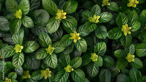   A close-up image of vibrant green foliage adorned with golden blossoms, with a prominent yellow centerpiece amidst the leaves photo