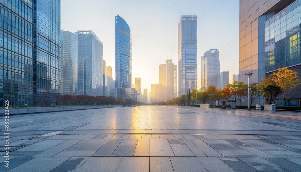 custom made wallpaper toronto digitalEmpty urban square with modern skyscrapers in the background at sunrise.  The sun's rays reflect on the pavement.