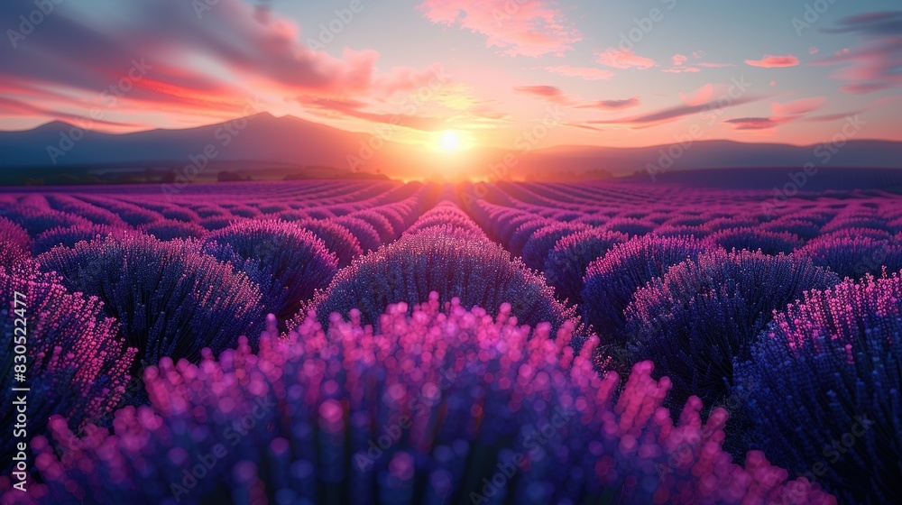   A field of lavender flowers bathed in sunset light, with the sun sinking in the distance and the vibrant sky as the backdrop