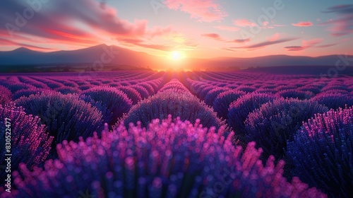  A field of lavender flowers bathed in sunset light, with the sun sinking in the distance and the vibrant sky as the backdrop